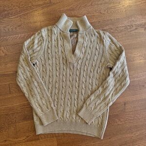 Ralph Lauren Sparkly Tan V-Neck Cable Knit Sweater